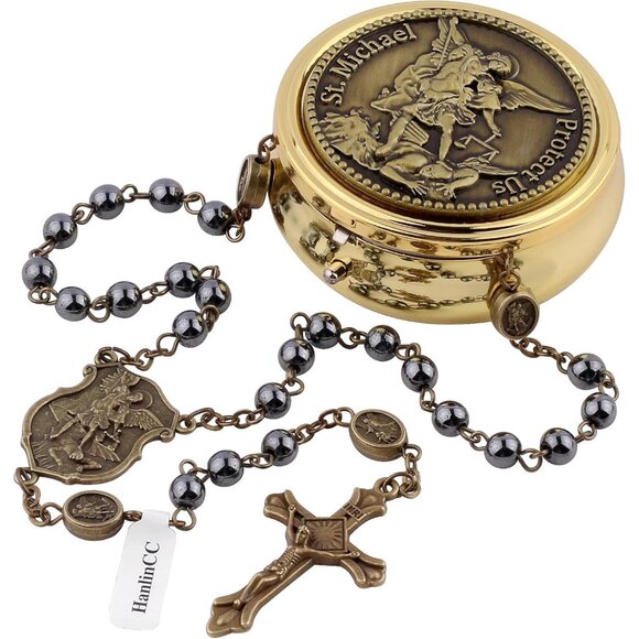 Saint Michael Hematite Black Beads Catholic Rosary Necklace with Gold Plated Met - Picture 1 of 9
